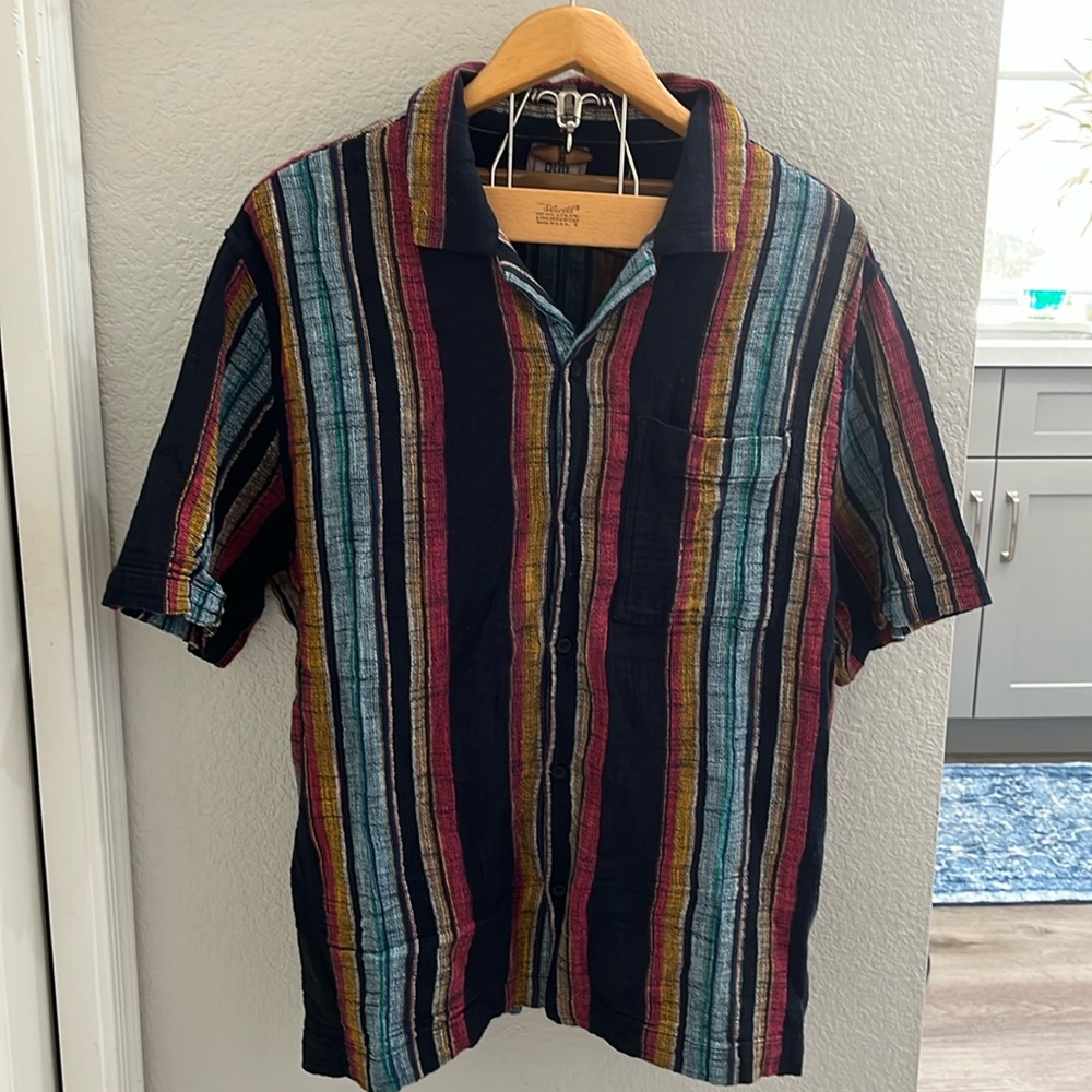 VTG Mens/Unisex 100% Cotton Short Sleeve Shirt Multi-Color Striped Lg.